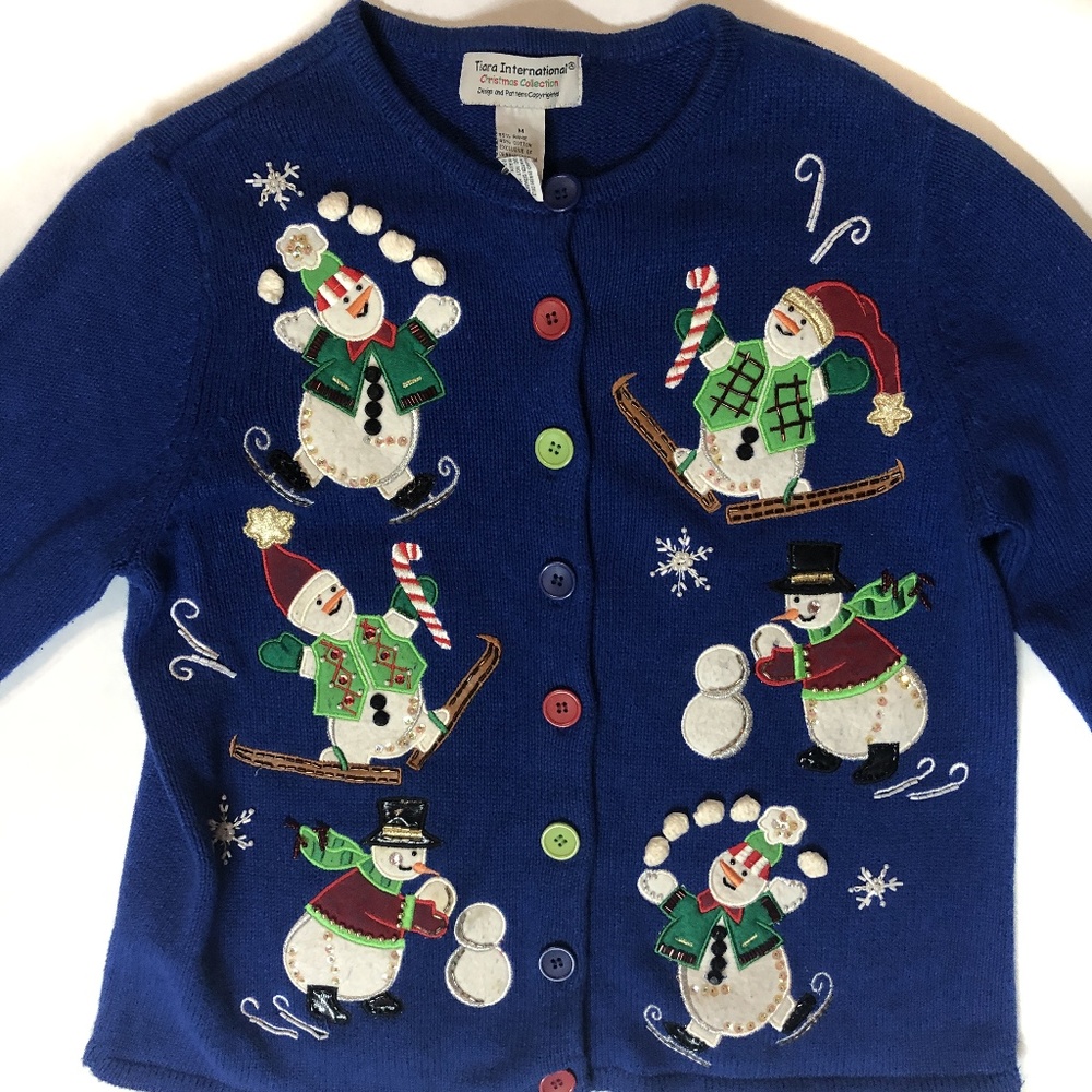 Blue Ugly Christmas Sweater Cardigan with Snowmen